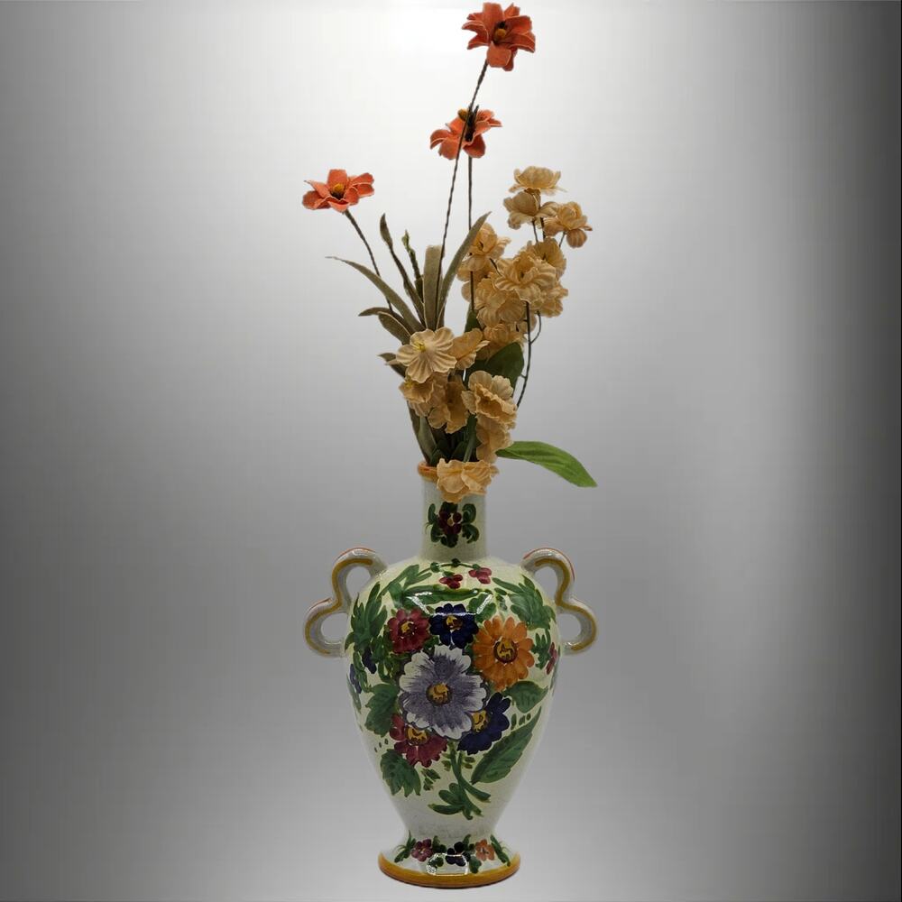 Vintage Italian Hand Painted Floral Two Handled Vase Antica Este Majolica